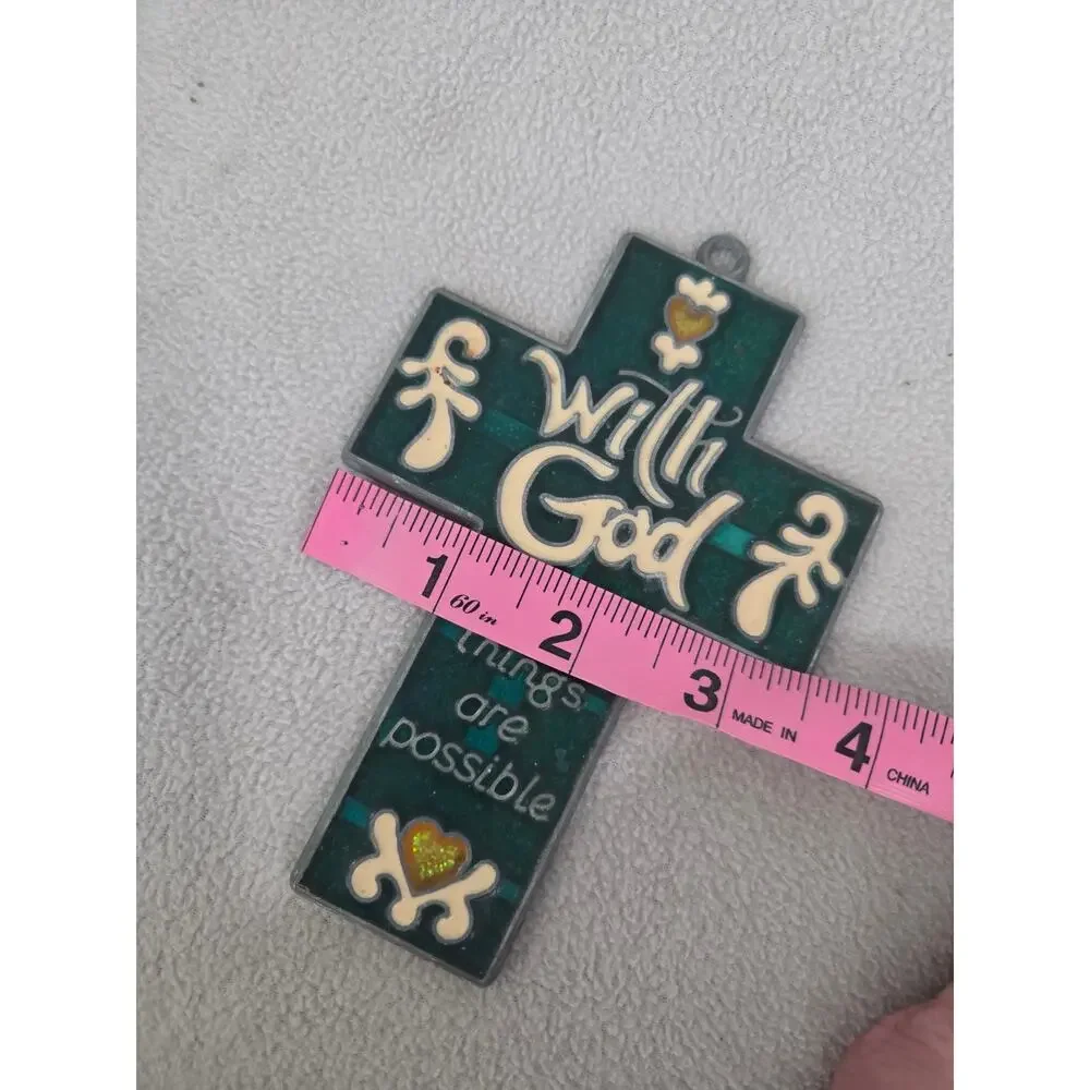With God Cross Vtg Suncatcher Green Matthew 19:26 Window Stain Glass